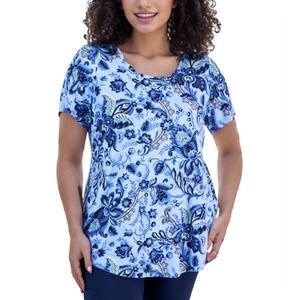 JM Collection Floral Paisley Top Womens 3X Blue Boho Coastal Grandmacore Blouse